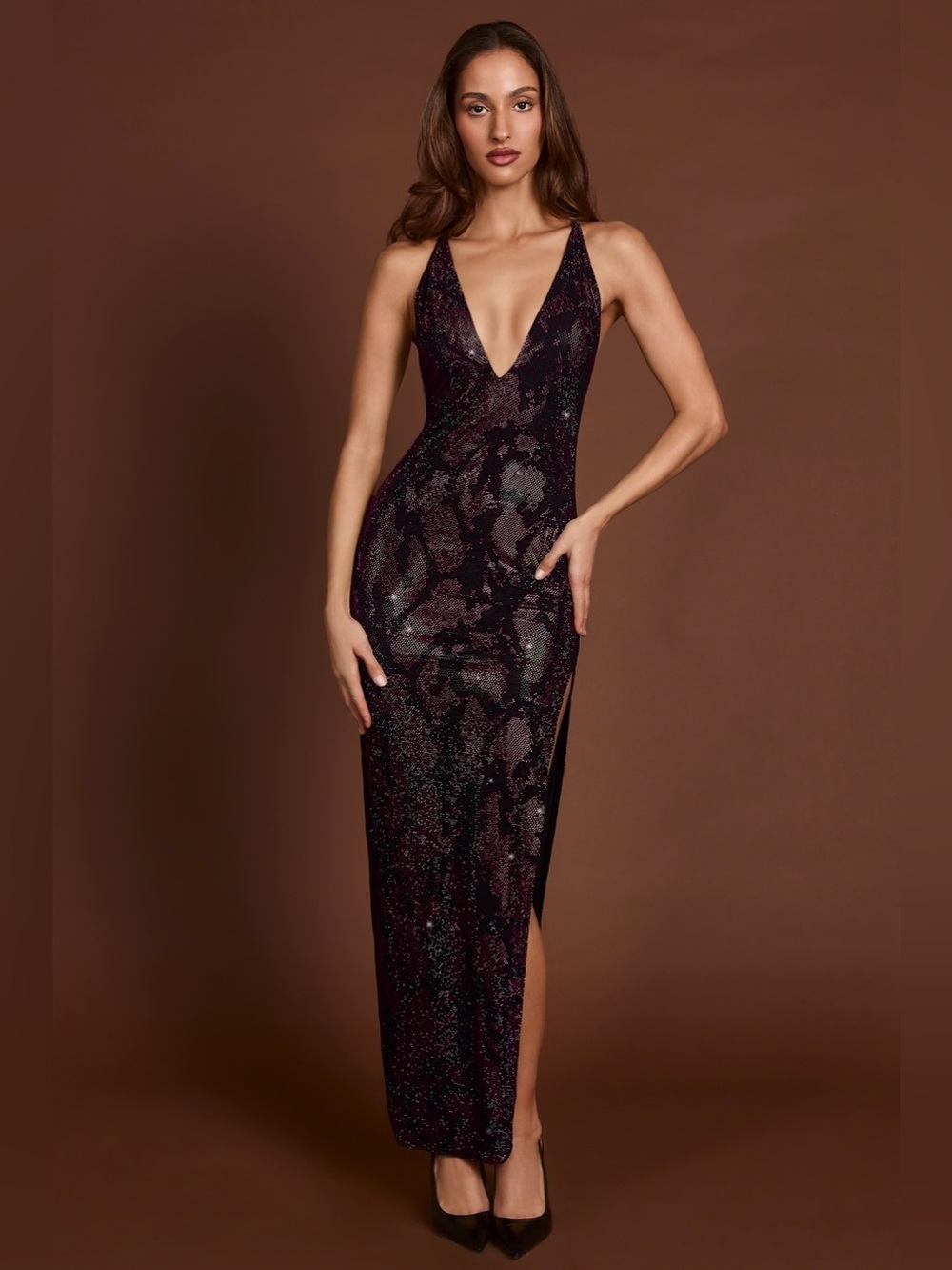 NEW Oh Polly Luserna Embellished Crystal Halterneck Maxi Dress Purple Blk Snake